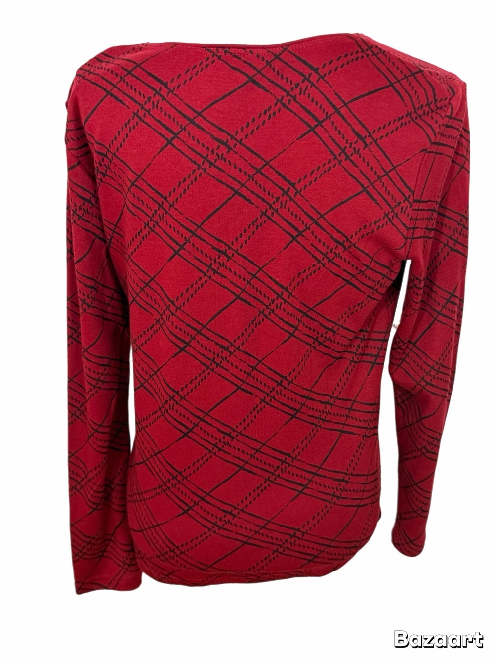 Karen Scott Size Medium Red Black Plaid Print Long Sleeve Stretch Top - Picture 4 of 6